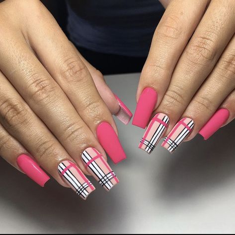 Nails For Typing, Tartan Nails, Burberry Nails, Plaid Nail Designs, Neon Pink Nails, Multicolored Nails, Sassy Nails, Diy Acrylic Nails, Fancy Nails Designs