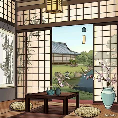 Japanese Style Living Room, Japan Interior, Chinese House, Japanese Tea House, Zen Painting, Japan Illustration, Japanese Poster Design, Japanese Room, Zen Colors