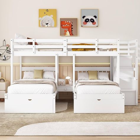 Amazon.com: CITYLIGHT Triple Bunk Beds with Stairs and Storage Drawers,Full Over Twin&Twin Bunk Beds for 3 Kids,Wooden 3 Bunk Beds Frame with Storage for Kids,Teens,Adults,No Box Spring Needed (White) : Home & Kitchen Bunk Bed For 3 People, Triple Bunk Beds Room Ideas, 3 Beds In One Room Ideas Small Spaces, 3 Beds In One Room Small Spaces, Three Bed In One Room, 3 Beds In One Room Ideas, 3 Bed In One Room Ideas, Sisters Room Ideas, Bunk Beds Room Ideas