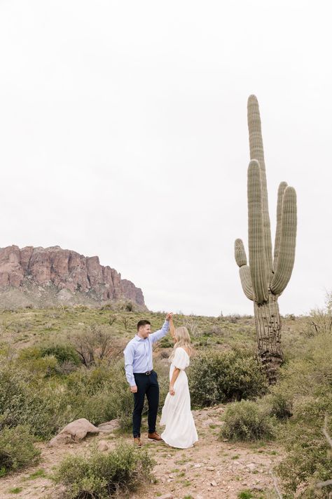 Lost Dutchman State Park Photoshoot, Unique Engagement Photo Poses, Engagement Photos Arizona, Arizona Engagement Photos, Lost Dutchman State Park, Desert Engagement Photos, Arizona Engagement, Superstition Mountains, Unique Engagement Photos