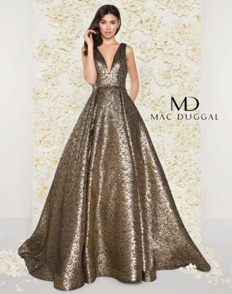 Neckline: V-Neck  Waist Style: Natural  Dress Length: Long Pleated Ball Gown, Golden Wedding Dress, Gown Silhouette, Nature Dress, Black Tie Dress, Golden Wedding, Pageant Gowns, Metallic Fabric, Mac Duggal