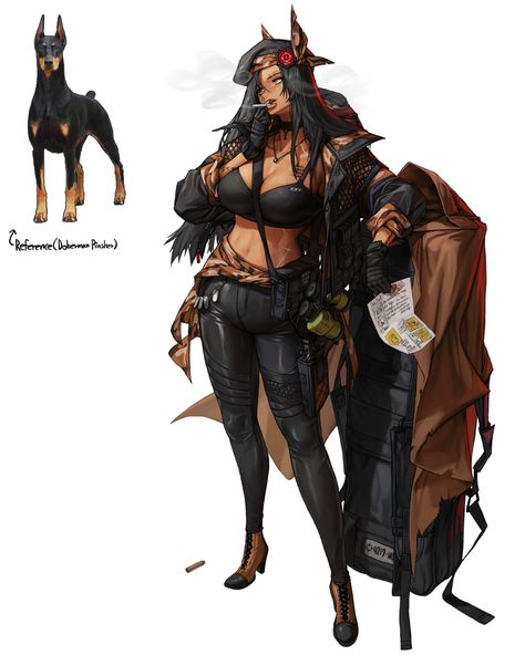 Doberman Oc Art, Rinotuna Character Design, Doberman Arknights, Rinotuna Art, Oc Artwork, Mahō Shōjo, Korean Artist, 영감을 주는 캐릭터, Female Character Design