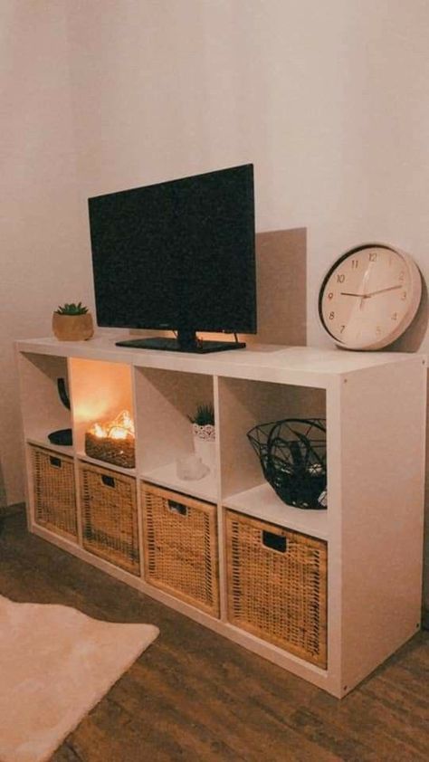 Ikea Cube Entertainment Center, Cubes Storage Bedroom, Cubes As Tv Stand, Cube Storage With Tv Above, Cube Storage Tv Stand Bedroom, Tv Stand Ideas With Storage, Tv Stands Ideas For Bedroom, College Apartment Tv Stand, Apartment Cube Storage