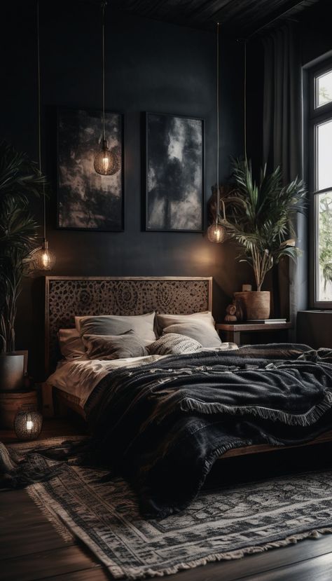 Hyperrealism dark interior of a boho design bedroom with bed and modern minimalistic wall art Dark Wall With Wood Accent, Black With Wood Bedroom, Black Moody Bedroom Ideas, Classy Dark Bedroom Ideas, Wall Art For Over The Bed, Dark Vibes Living Room, Moody Dark Interior Design, Moody Woodsy Bedroom, Small Home Dark Interior