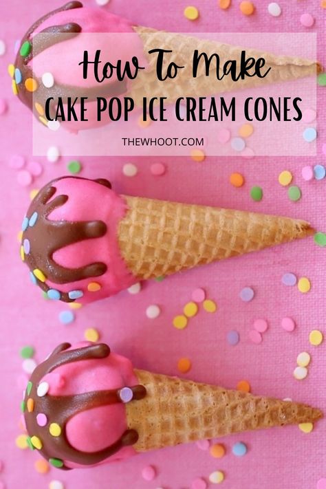 How To Make Cake Pop Ice Cream Cones - The WHOot Cake Pop Ice Cream, Cake Pops Ice Cream, Easy Cake Pops, Homemade Cake Pops, Cone Cake Pops, Ice Cream Cone Cake Pops, Cake Pop Recipe Easy, Ice Cream Cake Pops, Cone Dessert