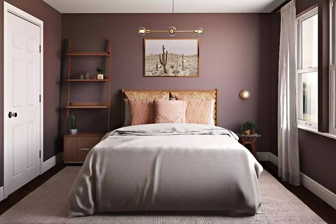 Aubergine Bedroom, Classic Contemporary Bedroom, Mauve Bedroom, Mauve Walls, Bedroom Inspirations Master, Contemporary Bedroom Design, Bedroom Decor For Couples, Gold Bedroom, Accent Wall Bedroom