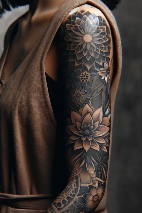 39 Female Sleeve Tattoos The Ultimate Collection That'll Inspire Arm Flower Tattoo Half Sleeves, Female Sleeve Tattoos, Mountain Sleeve Tattoo, Growth Tattoos, Female Arms, Arm Cover Up Tattoos, Tato Mandala, Tatuaje Cover Up, Meaning Tattoos