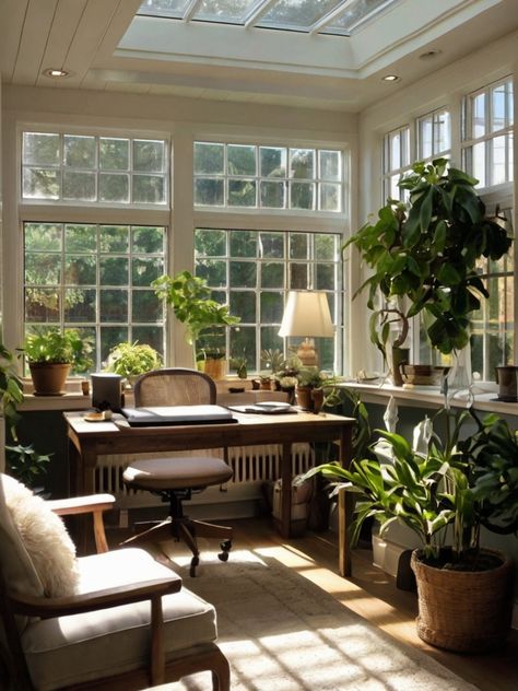 Top 10 Sunroom Office Ideas: Bright and Airy Workspace - Homezillo Orangery Office, Sun Porch Office, Sunroom Yoga Space, Relaxing Sunroom Ideas, Sunroom Office Ideas Small Spaces, Sunroom Aesthetic, Sunroom Bedroom Ideas, Office With Windows, Sunroom Office Ideas