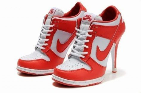 Fake sneaker high heels. | 28 Iconic Fashion Trends From The Early 2000s Jordan High Heels, Jordan Heels, Nike High Heels, Nike Heels, Jordan Sneaker, Pink High Heels, Baskets Nike, High Heel Sneakers, Nike Shoes Outlet