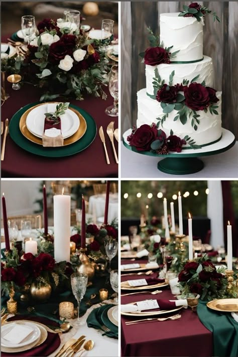 Emerald Green And Dark Red Weddings, Red Green And Black Wedding Theme, Emerald Green And Burgundy Wedding Decor, Red Green Wedding Theme, Burgundy And Dark Green Wedding, Emerald And Burgundy Wedding, Emerald Green And Burgundy Wedding, Red And Green Wedding Theme, Burgundy And Emerald Wedding