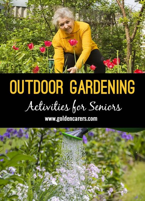 Gardening is a wonderful physical and emotional activity for seniors. It is an opportunity to reminisce about times gone by while reaping the benefits of sunshine, fresh air and gentle exercise Gardening Activities For Seniors, Life Enrichment Activities For Seniors, Adaptive Gardening, Elderly Companion Care, Activity For Seniors, Alzheimer's Activities, Late Stage Alzheimers Activities, Gentle Exercise, Recreation Activities