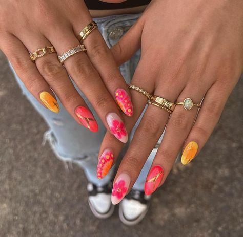 Hippie Nails, Hard Nails, Colorful Nail, Minimal Nails, Summery Nails, Vibrant Nails, Simple Acrylic Nails, Nail Swag, Nail Jewelry