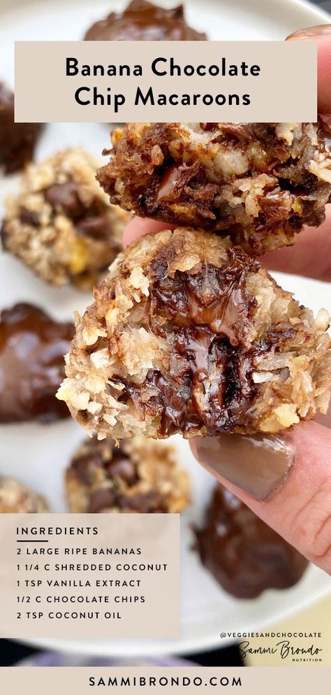 3 simple, main ingredients. 15 minutes to make. They make a perfect sweet snack or dessert. You'll love these easy macaroons: Banana Chocolate Chip & Chocolate Covered Banana. They’re even perfect for Passover. All you need is ripe bananas, shredded coconut, vanilla extract, coconut oil & chocolate chips. To add more protein, add collagen, protein powder, peanut or almond butter. I definitely recommend delicious & different mix ins: chopped walnuts, raisins, or dried cranberries. Enjoy! Shredded Coconut Recipes, Chocolate Chip Macaroons, Easy Macaroons, Coconut Snacks, Coconut Oil Chocolate, Chocolate Macaroons, Chocolate Covered Bananas, Collagen Protein Powder, More Protein