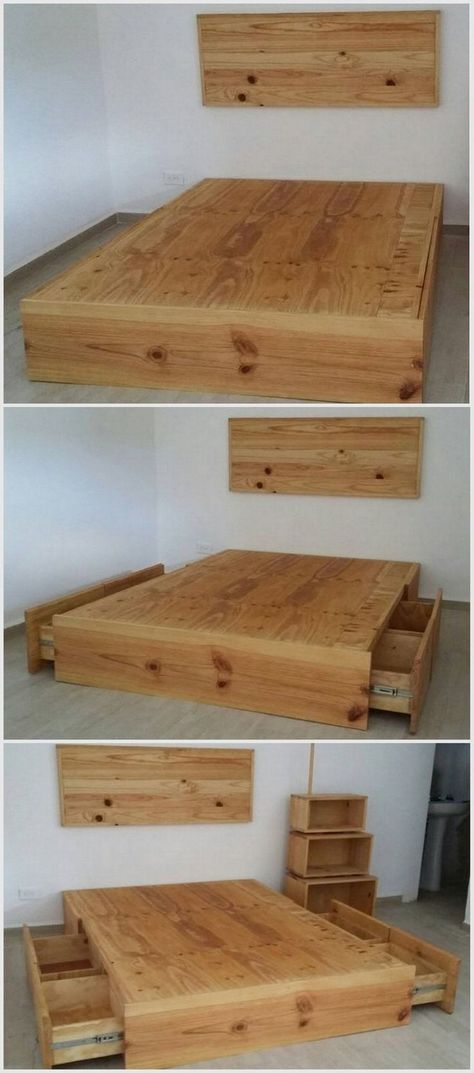 Wood Pallet Beds, Make A Bed, Pallet Beds, Bed Platform, Pallet Bed, Pallet Furniture Bedroom, Bed With Drawers, Wood Pallet Projects, Wood Beds