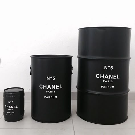 Chanel Oil Barrel Various Sizes Chanel Barrel, Bedroom Black Furniture, Master Suite Decor, Chanel Diy, Chanel Decor, Oil Barrel, Black Bedroom Furniture, Oil Drum, Chanel Inspired