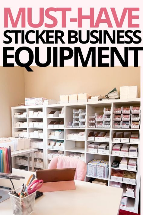 MUST-HAVE STICKER BUSINESS EQUIPMENT: Sticky shop studio inventory, organized shelf of stationery and sticker shop inventory Start A Sticker Business, Starting An Etsy Business, Start A Podcast, Sticker Business, Small Business Organization, Small Business Packaging Ideas, Small Business Plan, Small Business Inspiration, Small Business Advice