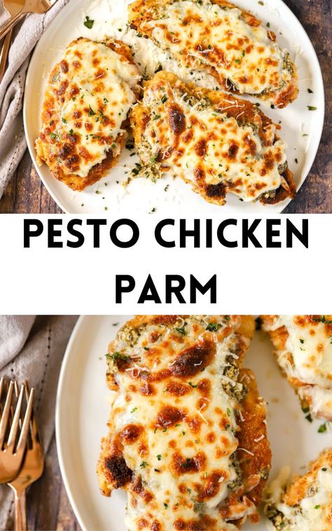 two photos of chicken pesto parm Chicken Parm Recipes, Baked Pesto Chicken, Creamy Pesto Sauce, Chicken Pesto Recipes, Chicken Pesto, Creamy Pesto, Chicken Parm, Easy Weeknight Dinner, Sauce For Chicken