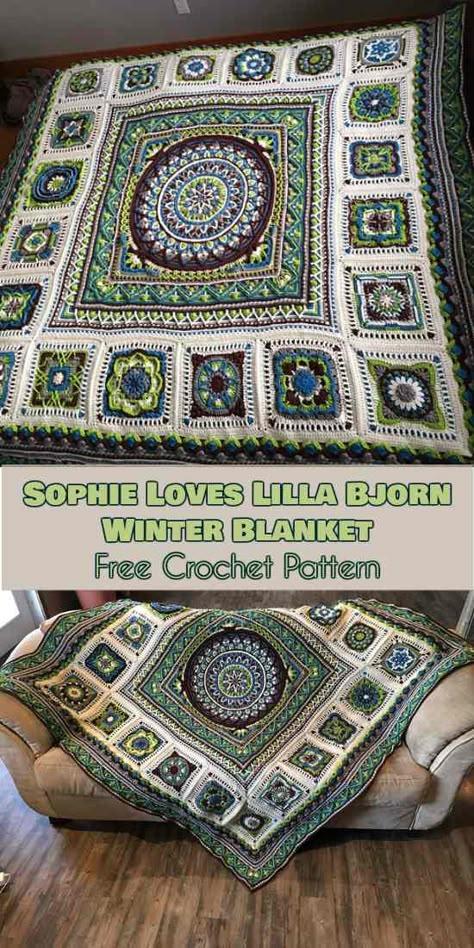 Sophie Loves Lilla Bjorn Winter Blanket [Free Crochet Pattern] Complex Crochet Blanket, Complex Crochet Patterns, Intricate Crochet Blanket Patterns, Crochet Scrap Blankets Free Patterns, Cal Blanket Crochet Pattern, Complex Granny Square, Intricate Crochet Patterns, Free Crochet Patterns Granny Squares, Motif Mandala Crochet