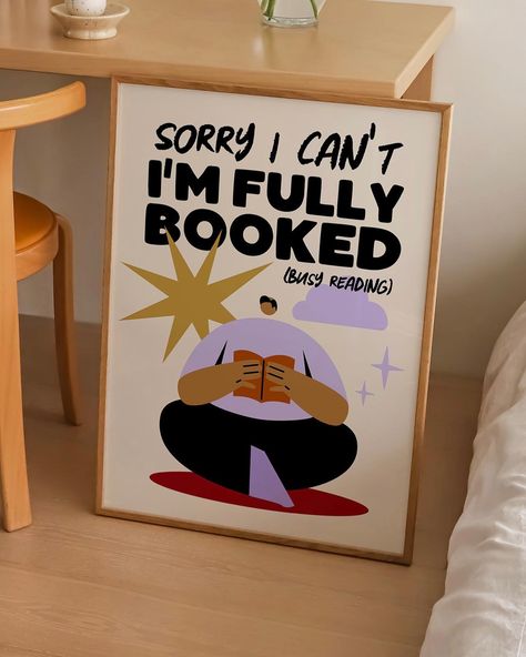 A playful nod to being busy with reading! One for the book lovers 📚 #bookclubofinstagram #booklovers #bookshelfdecor #bookshelfie #wallartdecor #printshop #printsforsale #posterprint #etsyfinds #retrointerior #coolprints Book Lovers Art, Bookish Posters Aesthetic, Book Lovers Poster, Wall Decor For Book Lovers, Bookish Wall Art Prints, Wall Art For Book Lovers, Fantasy Gifts, Retro Interior, Bookshelf Decor