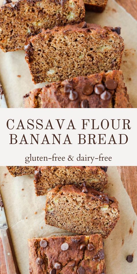 What's not to love about this moist and fluffy Cassava Flour Banana Bread! It's easy to make and takes less than an hour from start to finish! Perfect for anyone who is gluten-free, dairy-free, or looking for a lower sugar recipe. Cassava Banana Bread, Cassava Flour Bread Recipe, Cassava Flour Banana Bread, Cassava Flour Bread, Banana Bread Paleo, Coconut Flour Banana Bread, Cassava Flour Recipes, Simple Paleo, Cassava Cake