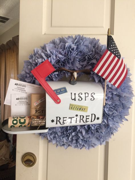 Made this for a retiring mail carrier. It's made from old postal shirts. Post Office Retirement Party Ideas, Postal Worker Retirement Party, Postal Retirement, Office Retirement Party, 60th Bday, Retirement Ideas, Retirement Invitations, Retirement Party Decorations, Going Postal