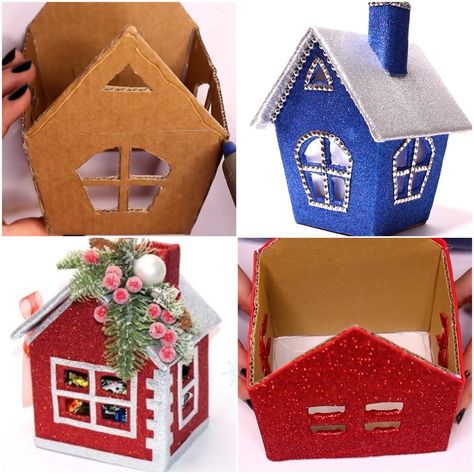 Mini DIY glitter houses 🏠 | house, glitter | Mini DIY glitter houses 🏠 | By MetDaan Tips Santa House Diy, Mini Christmas Houses Diy, Mini Houses Diy, Christmas House Craft, Cardboard House Diy, Diy Christmas House, Diy Christmas Projects, Making Christmas Decorations, Creative Christmas Crafts