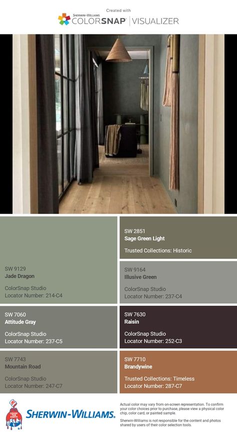 I just created this color palette with the Sherwin-Williams ColorSnap® Visualizer app on my Android phone. What do you think? You can learn more about ColorSnap Visualizer and get it on your phone free by visiting https://www.sherwin-williams.com/content/colorsnap.html. Sw Earthy Colors, Hunting Color Palette, Sherwin Williams Mountain Road Exterior, Mountain Home Color Palette, Dried Thyme Sherwin Williams, Cabin Exterior Color Schemes, Sage Green House, Rustic Paint Colors, Country Homestead