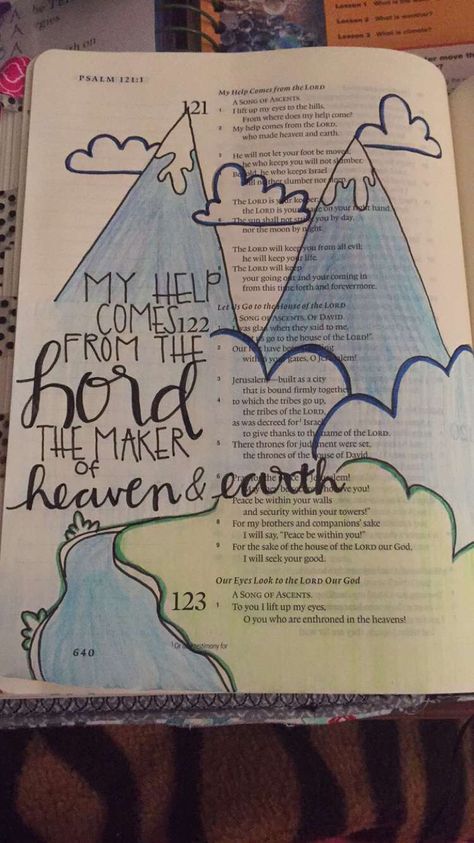 Some of my work. Psalm 121:1 #biblejournaling Psalm 25 Bible Journaling, Psalm 23 Bible Journaling, Psalm 121 Bible Journaling, Psalm 1 Bible Journaling, Psalm 51 Bible Journaling, Psalm 30 Bible Journaling, Bible Guide, Psalm 150, Family Bible Study