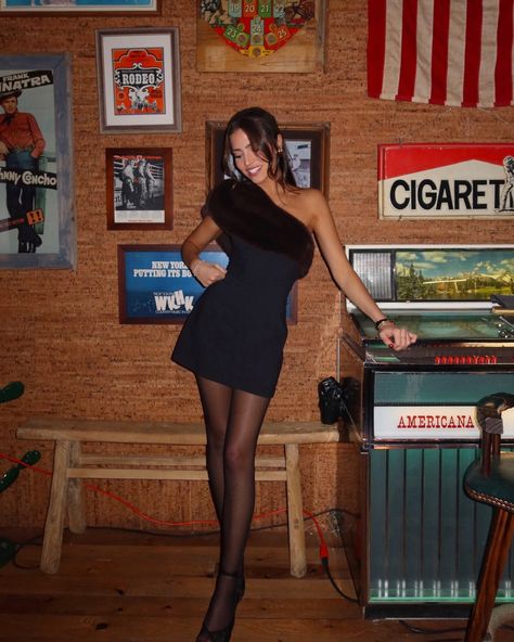 once upon a time at a country bar in brooklyn ♥️ dress is new @shopweworewhat linked in stories 🤍 holiday outfit inspo, winter outfit ideas, little black dress, faux fur jacket ootn Black Dress Brown Jacket, Winter Mini Dress Outfit, Winter Engagement Party Outfit, Winter Dressy Outfits, Dress With Cowgirl Boots, Christmas Girls Night, Winter Engagement Party, Winter Wedding Guest Outfit, Engagement Party Outfit