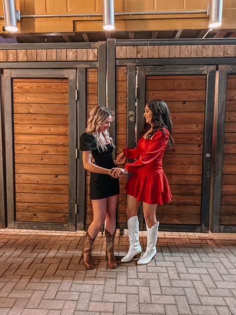 Wedding Guest Outfit Cowgirl Boots, Christmas Outfits With Cowboy Boots, Western Theme Christmas Party Outfit, Western Christmas Party Outfits Women, Red Dress With Cowboy Boots, Cowboy Christmas Outfits For Women, Christmas Cowgirl Outfit, Wedding Guest Dress With Cowboy Boots, Cowgirl Christmas Outfit