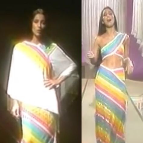 Cher Rainbow Outfit, Cher Outfits 70s, Cher Dresses, Cher Outfit, Cher 70s, Cher Looks, Cher Dress, Mystical Garden, Cher Outfits