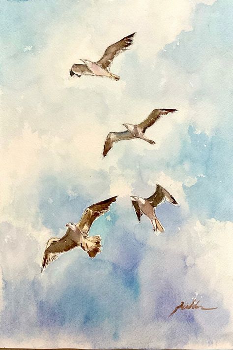 Watercolor Seagulls Flying, Bird In Sky Painting, Seagull Watercolor Painting, Seagulls Flying Painting, Sea Birds Painting, Seagulls Drawing, Seagulls Watercolor, Seagull Sketch, Watercolor Seagull