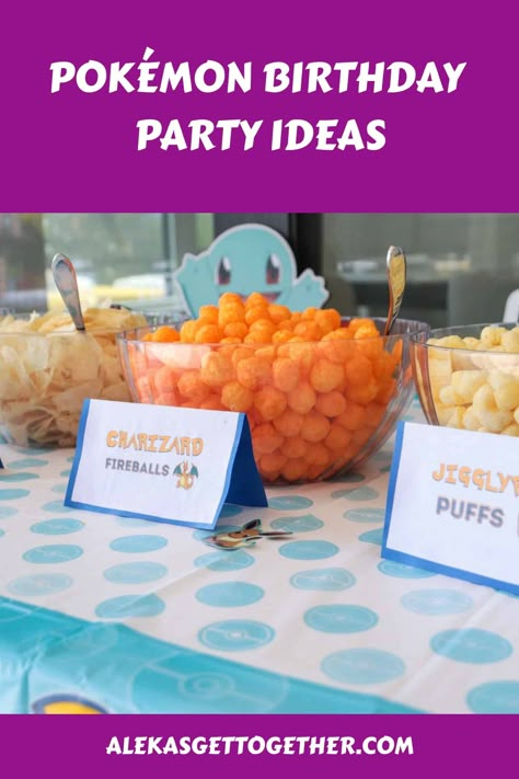 Pokemon party ideas, foods, activities, and game ideas to incorporate into your child’s Pokemon themed party! Pokemon Snack Bar Free Printables, Pokemon Appetizers, Pokemon Theme Food, Pokemon Treat Table, Pokemon Party Snacks, Pokemon Birthday Ideas Diy, Pokemon Party Food Ideas, Pokemon Themed Birthday Party, Pokemon Bday Party Ideas