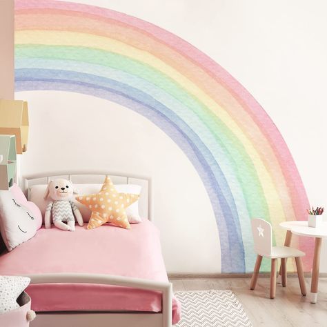 Fabric Peel and Stick Large Rainbow Wall Mural Stickers for Girls, Precut Pastel Half Watercolor Rainbow Wall Sticker Decals for Kids Bedroom Living Room Playroom, 78.74" x 70.87" Pastel Rainbow Wall Mural, Rainbow Accent Wall Girl Rooms, Rainbow Bedroom Girl, Girls Rainbow Bedroom Ideas, Rainbow Room Kids Girl Bedrooms, Pastel Rainbow Playroom, Girls Bedroom Rainbow, Pastel Rainbow Bedroom, Rainbow Girls Bedroom