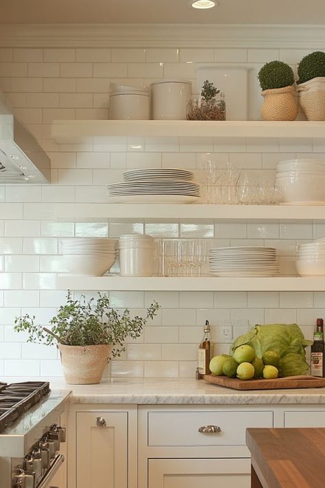 Style your kitchen with open shelving, blending functionality and decor for a modern, airy look. #OpenShelving #KitchenStyle How To Style Open Shelves In Kitchen, Decorating Open Shelves In Kitchen, White Kitchen Open Shelves, Styling Open Shelves In Kitchen, Open Shelf Kitchen Ideas, Farmhouse Open Shelving, Open Shelving In Kitchen, Open Shelving Decor, Open Shelving In The Kitchen