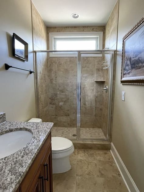 Yes! You can paint your shower tile and granite counters and transform a boring beige bathroom. Bathroom Ideas With Beige Tile, Tan Shower Tile Ideas, Brown Shower Tile Bathroom, Bathrooms With Brown Tile, Brown Tile Bathroom Makeover, Bathrooms With Beige Tile, Brown Tiled Bathrooms, Tan Bathroom Tile Color Palettes, Beige Tile Bathroom Paint Wall Colors