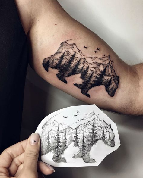 16 Stunning Tattoos by Sasha Kiseleva Tatuagem Masculina Pequena, Cool Arm Tattoos, Bear Tattoos, Forest Tattoos, Bicep Tattoo, Hawaiian Tattoo, Bear Tattoo, Tiny Tattoo, Mountain Tattoo