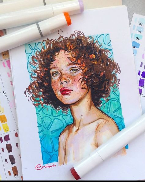 Art Sketches Portraits, Freckles Redhead, Thistles Art, Redhead Art, Copic Drawings, Copic Marker Art, Arte Sketchbook, Arte Inspo, Marker Drawing