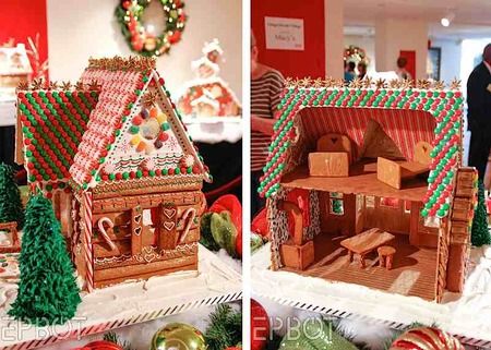 Time for my annual roundup of amazing gingerbread houses!   Starting with a gingerbread light hous... Inside Of A Gingerbread House, Open Gingerbread House, Gingerbread House Furniture, Gingerbread Dolls House, Inside A Gingerbread House, Gingerbread House Inside, Gingerbread Furniture, Dollhouse To Gingerbread House, Gram Cracker Gingerbread House