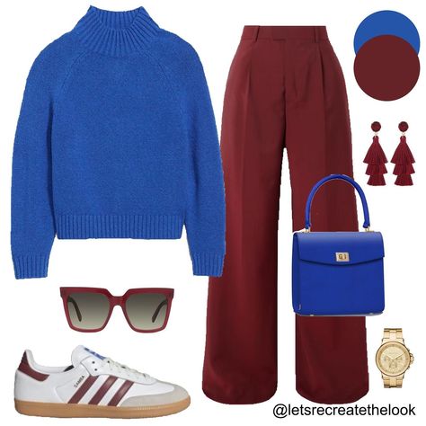 Burgundy Trousers - 10 Outfit Ideas 🐙 Here are 10 more colors that pair well with burgundy! Which is your favorite? As fall approaches it’s time to break out our sweaters. Instead of just pairing them with jeans, here’s a reminder that wide leg trousers are a more elevated option but just as comfortable! So for an elevated casual look, try pairing your sweaters with your trousers! You can still wear your sneakers with them! 😉 So save this post for style inspiration and look in your closet to... Burgundy Color Pairing, Wine Wide Leg Pants Outfit, Teal Corduroy Pants Outfit, Burgundy Matching Colors, Styling Burgundy Pants, Bright Color Fall Outfits, Burgundy And Blue Outfit, Wine Colored Pants Outfit, Burgandy Pants Outfits