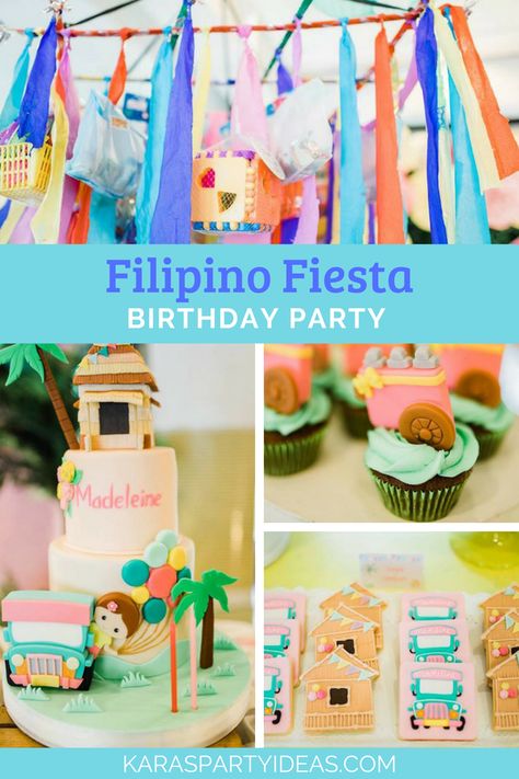 Filipino Fiesta Birthday Party via Kara's Party Ideas - KarasPartyIdeas.com Pinoy Birthday Party Ideas, Filipino Birthday Decorations, Pinoy Themed Birthday Party, Filipino Decorations Party, Filipino First Birthday Parties, Fiesta Theme Birthday Cake, Philippines Decorations, Pinoy Fiesta Theme Party Decorations, Barrio Fiesta Theme Party