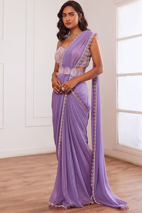 Lavender Georgette & Organza Embroidered Pre-Draped Saree Set Design by SONAL PASRIJA at Pernia's Pop Up Shop 2023 Pre Draped Saree, Long Blouse Designs, Scalloped Blouse, Lavender Fabric, Saree With Belt, Draped Saree, Bridal Sarees South Indian, Couple Wedding Dress, Indian Fashion Trends