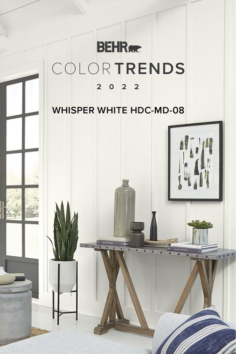 Channeling timeless elegance and contemporary appeal, Whisper White HDC-MD-98 adds refined class to any space. Click to explore the color! Behr Whisper White, Behr Color Trends, Behr Colors, Behr Paint, White Paint Colors, Whisper White, Color Of The Year, Wall Color, White Paints