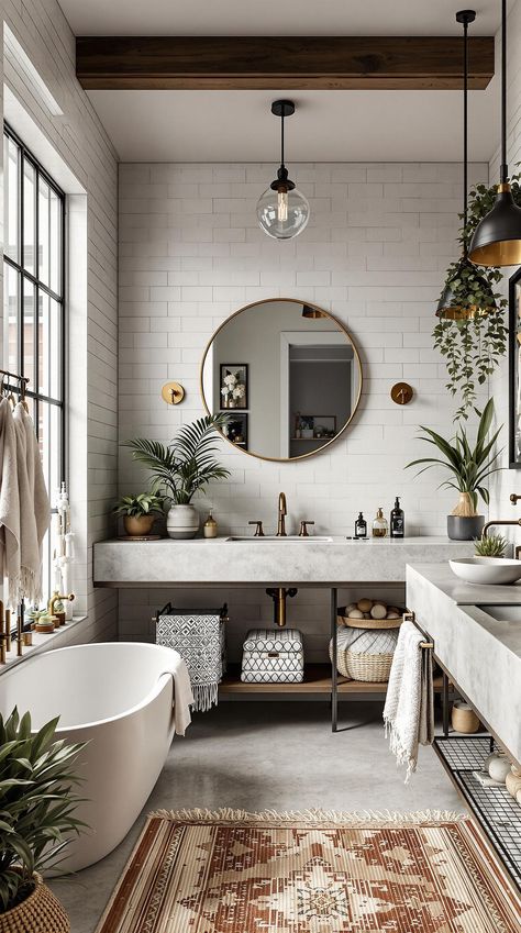 Boho Bathroom Ideas Boho Industrial Decor, Moroccan Inspired Bathroom, Bathroom Decor Modern, Modern Boho Bathroom, Maximalist Boho, Industrial Boho, Boho Textiles, Boho Bathroom Ideas, Luxury Bathroom Master Baths