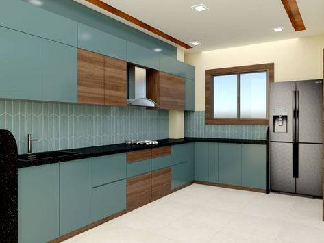 Kitchen interior with teal blue acrylic sheet and veneer. Acrylic Sheets For Kitchen, Flush Door Design, Flush Doors, Acrylic Sheets, In Kitchen, Space Design, Interior Design Kitchen, Door Design, 3d Design