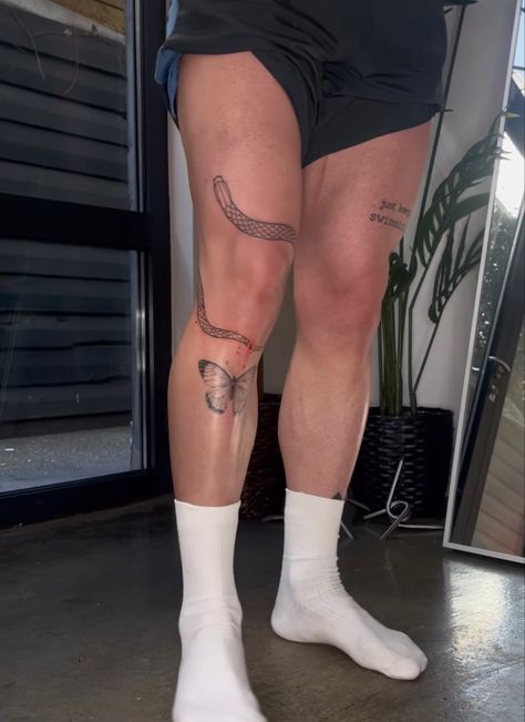 Snake Leg Tattoo Men, Leg Minimal Tattoo, Snake Leg Tattoos, Snake Tattoo Leg, Snake Leg Tattoo, Leg Tattoos Men, Tattoo Snake, Tattoos Inspo, Tattoos Men