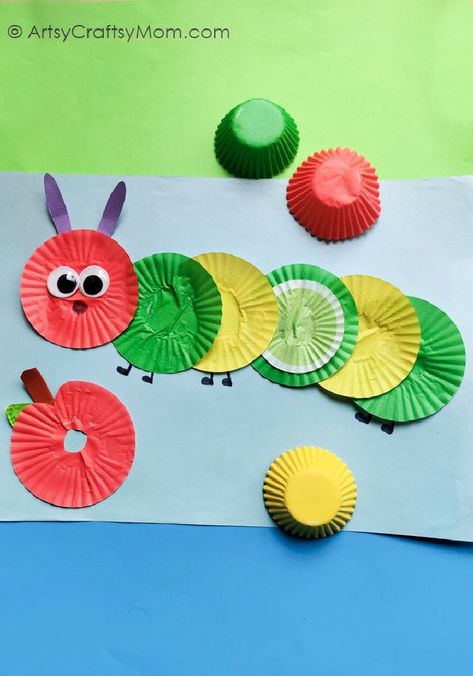 25 Easy and Very Hungry Caterpillar Crafts for Kids Color Theme Arts And Crafts, Cupcake Liner Art, The Very Hungry Caterpillar Art Projects, Caterpillar Process Art, Caterpillar Art Preschool, Caterpillar Crafts Preschool, Catapiller Crafts, Caterpillar Art Project, Caterpillar Crafts For Kids