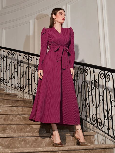 SHEIN Modely Puff Sleeve Wrap Belted Dress | SHEIN USA Dresses Design, Pakistani Dress, Shein Dress, Turkish Beauty, Pakistani Dress Design, Couple Outfits, Mode Fashion, Pakistani Dresses, Belted Dress