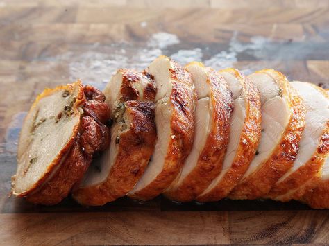 Turkey porchetta—deboned turkey breast cured with garlic, fennel, sage, and red pepper and wrapped in its own skin before roasting—might be the best way to cook turkey using a conventional oven, but if you want to really break out the big guns, cooking it sous vide—followed by a stint in a hot oil bath, Peking duck–style—is the way to go. Turkey London Broil, Sous Vide Turkey, Porchetta Recipes, Deboned Turkey, Deep Fried Turkey, How To Make Turkey, Holiday Dishes, London Broil, Fried Turkey