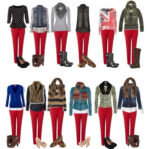 Capsule Wardrobe -- 1 by cocogolightly on Polyvore featuring Miso, Religion Clothing, Moschino Cheap Red Pants Fashion, Red Leggings Outfit, Red Jeans Outfit, Red Pants Outfit, Religion Clothing, Clothes And Shoes, Red Leggings, Red Jeans, Fall Capsule Wardrobe